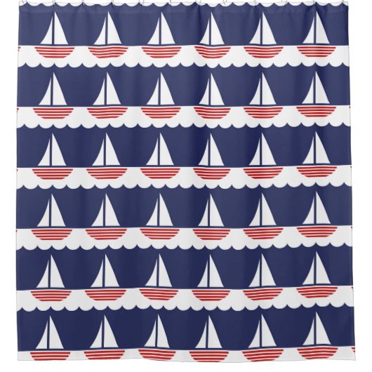 Nautic Sailboat Pattern Navy Blau und Rot Duschvorhang (Vorderseite)