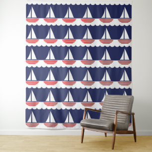 Nautic Sailboat Pattern Navy Blau und Rot Wandteppich