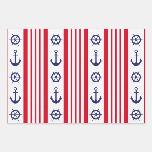 Nautic Sailing Red White Stripes Anchor Geschenkpapier Set (Vorderseite)