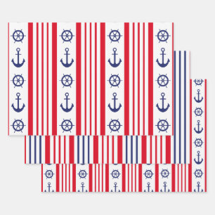 Nautic Sailing Red White Stripes Anchor Geschenkpapier Set
