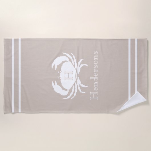 Nautic Sand Tan Taupe White Crab Monogram Name Strandtuch (Vorderseite)