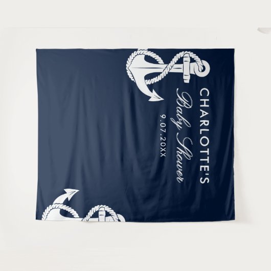 Nautic Script Baby Dusche Navy Blue Hintergrund Wandteppich (Vorderseite (Horizontal))