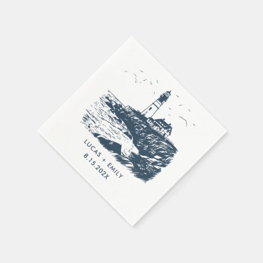 Nautic Seaside Lighthouse Dark Blue Wedding Serviette (Ecke)