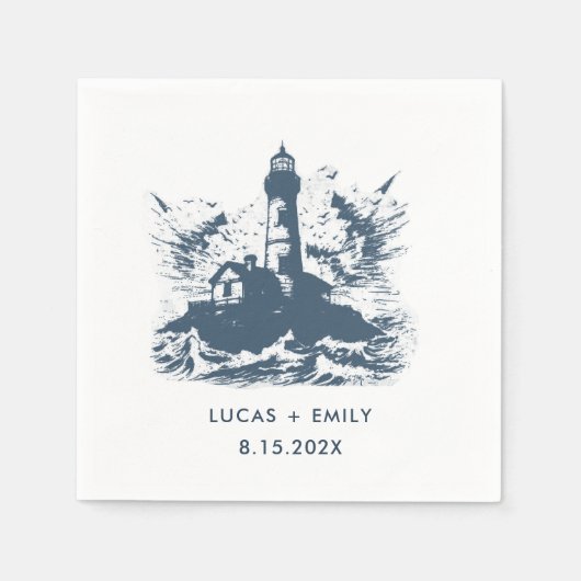Nautic Seaside Lighthouse Dark Blue Wedding Serviette (Vorderseite)