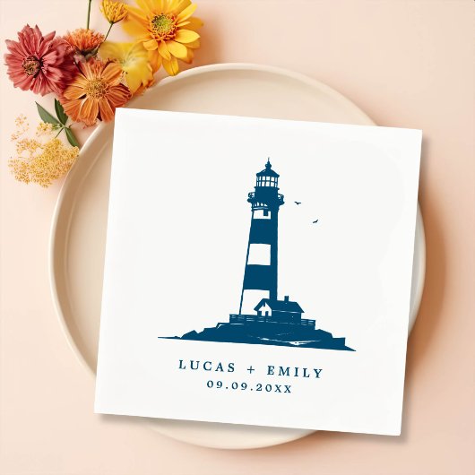 Nautic Seaside Lighthouse Dark Blue Wedding Serviette