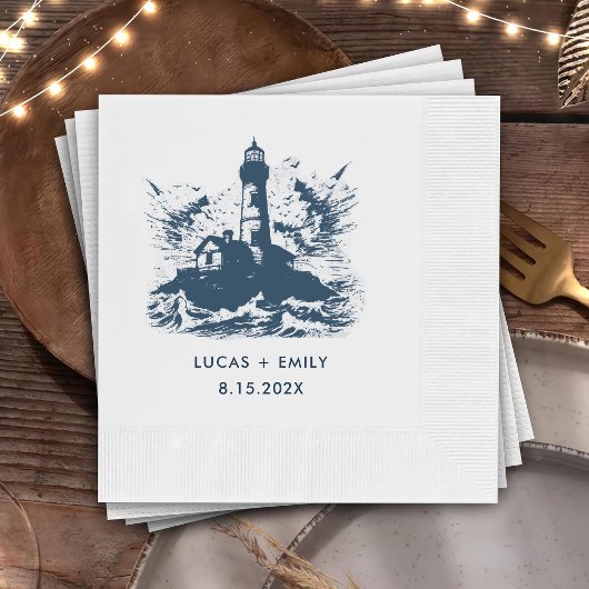 Nautic Seaside Lighthouse Dark Blue Wedding Serviette