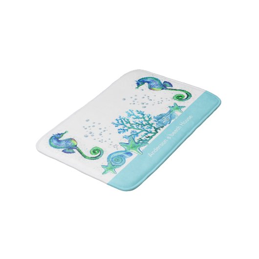 Nautic Seepferd Custom Aquamarin Aqua & White Badematte (Schrägansicht)