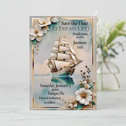 Nautic Segelschiff Hochzeit speichern Sie das Datu Save The Date (Stehend Vorderseite)