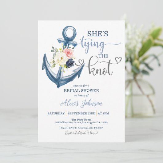 Nautic She's Tying the Knot Brautparty (Gray) Einladung (Stehend Vorderseite)