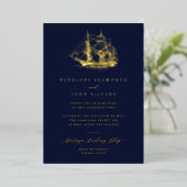 Nautic Ship Illustration Navy Blue Wedding Folieneinladung (Stehend vorne)