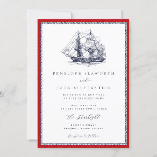 Nautic Ship Red Rope Frame Classic Wedding Einladung
