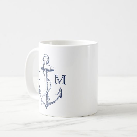 Nautic Sketch Navy Blue Anchor Monogram Kaffeetasse (Vorderseite Links)