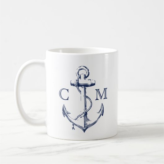 Nautic Sketch Navy Blue Anchor Monogram Kaffeetasse (Links)