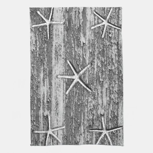Nautic Starfish Driftwood Grau Weiße Wasserfarbe Geschirrtuch (Vertikal)