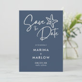 Nautic Starfish Navy White Stripe Wedding Rett T Save The Date (Stehend Vorderseite)