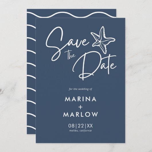 Nautic Starfish Navy White Stripe Wedding Rett T Save The Date (Vorne/Hinten)