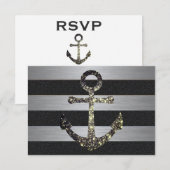 Nautic Striped Wedding RSVP Sparkle Anchor Karte (Vorne/Hinten)
