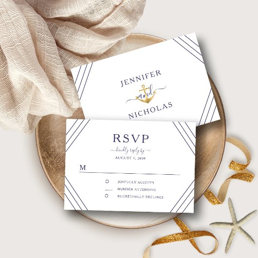 Nautic Stripes Gold Anchor Wedding RSVP
