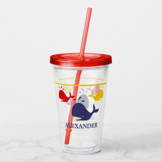 Nautic Stripes Navy Blue Yellow Red Whale White Acryltrinkbecher (Rückseite)