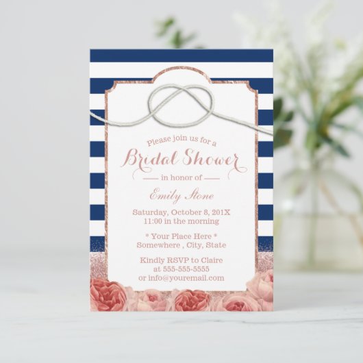 Nautic Stripes Rose Gold Floral Brautparty Einladung (Stehend Vorderseite)