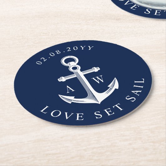 Nautic Theme Anchor Custom Monogram Navy Runder Pappuntersetzer (Angewinkelt)