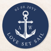 Nautic Theme Anchor Custom Monogram Navy Runder Pappuntersetzer (Vorderseite)