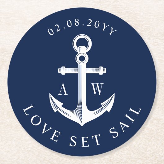 Nautic Theme Anchor Custom Monogram Navy Runder Pappuntersetzer (Vorderseite)