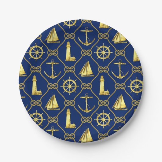Nautic Theme Navy Blue Gold Anchor Leuchtturm Pappteller (Vorderseite)