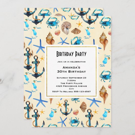 Nautic Theme Seashells Birthday Einladung (Vorne/Hinten)
