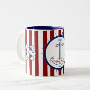 Nautic Themed Anchor Fish Sailing Blue Red White Zweifarbige Tasse