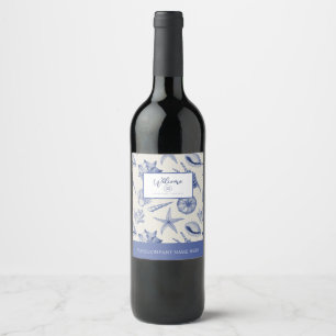 Nautic Themed Blue Seashell Beverage Label Set Weinetikett