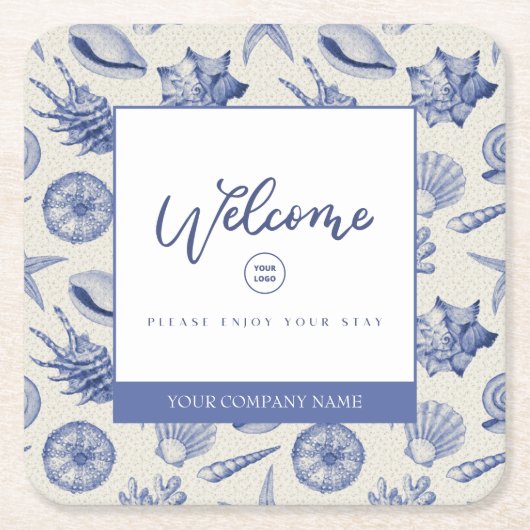 Nautic Themed Blue Seashell Square Paper Untersetz Rechteckiger Pappuntersetzer (Vorderseite)