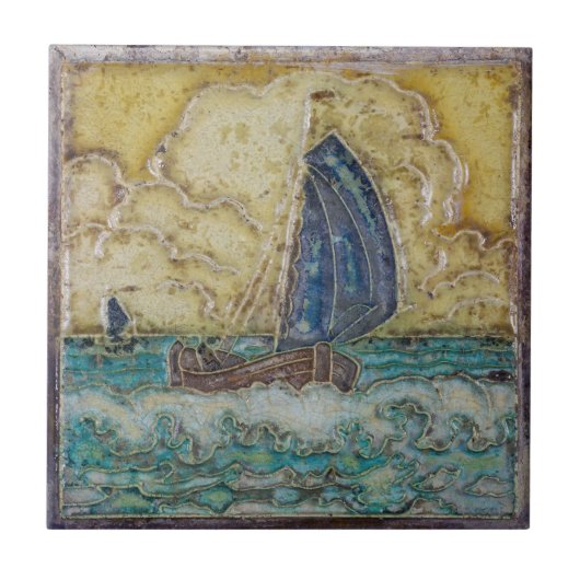Nautic Themed Motif Sailboat Vintage Kunst Fliese (Vorderseite)