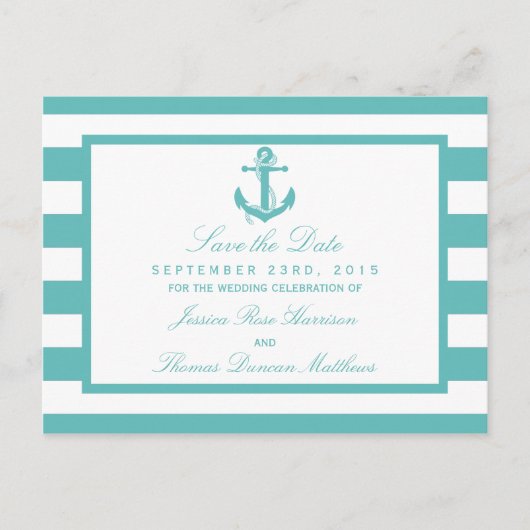 Nautic Turquoise Stripe Anker Save the Date Ankündigungspostkarte (Vorderseite)