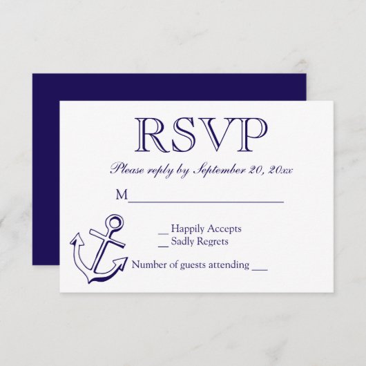Nautic UAWG Navy Blue Anchor Wedding Party RSVP Karte (Vorne/Hinten)