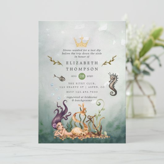 Nautic Under Sea Mermaid Junggeselinnen-Abschied Einladung (Stehend Vorderseite)