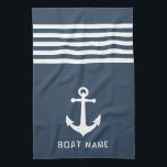 Nautic Vintag Anchor Boat Name Navy Blue Grau Geschirrtuch<br><div class="desc">Custom Nautical Vintag Anchor mit Ihrem Personalisierten Bootsnamen auf einem Navy Blue Gray Küchentuch.</div>