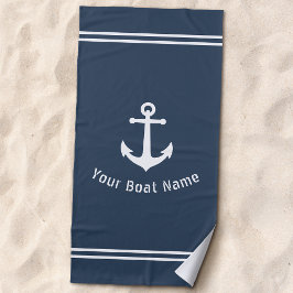 Nautic Vintag Anchor Boat Name Navy Blue Grau Strandtuch
