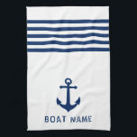 Nautic Vintag Anchor Boat Name Navy Blue White Geschirrtuch<br><div class="desc">Custom Nautical Vintag Anker mit Ihrem Personalisierten Bootsnamen in Navy Blau auf einem Weißen Küchentuch.</div>