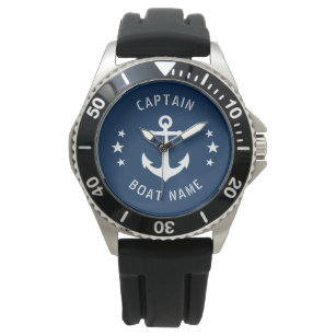 Nautic Vintag Anchor Captain Boat Name Navy Armbanduhr