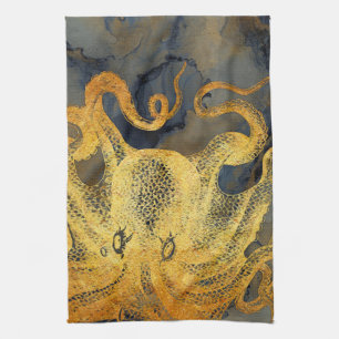 Nautic Vintag Gold Octopus Black Ink Watercolor Geschirrtuch