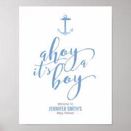Nautic Watercolor Anchor Blue Baby Shower Welcom Poster