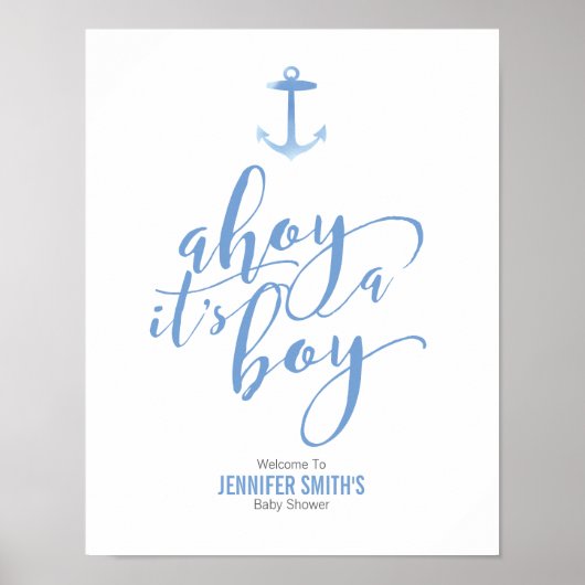 Nautic Watercolor Anchor Blue Baby Shower Welcom Poster (Vorne)