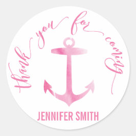Nautic Watercolor Anchor Danke Pink Runder Aufkleber