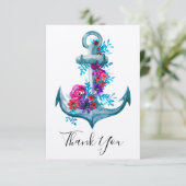 Nautic Watercolor Floral Anchor Vielen Dank Dankeskarte (Stehend Vorderseite)