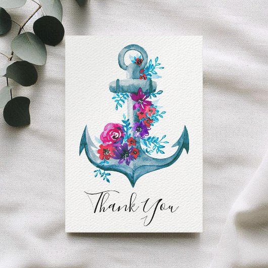 Nautic Watercolor Floral Anchor Vielen Dank Dankeskarte