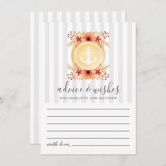 Nautic Watercolor Floral Gold Ankerhochzeit Hinweiskarte (Vorne/Hinten)