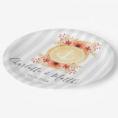 Nautic Watercolor Floral Gold Ankerhochzeit Pappteller (Schrägansicht)