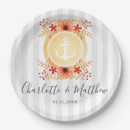 Nautic Watercolor Floral Gold Ankerhochzeit Pappteller