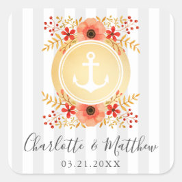 Nautic Watercolor Floral Gold Ankerhochzeit Quadratischer Aufkleber